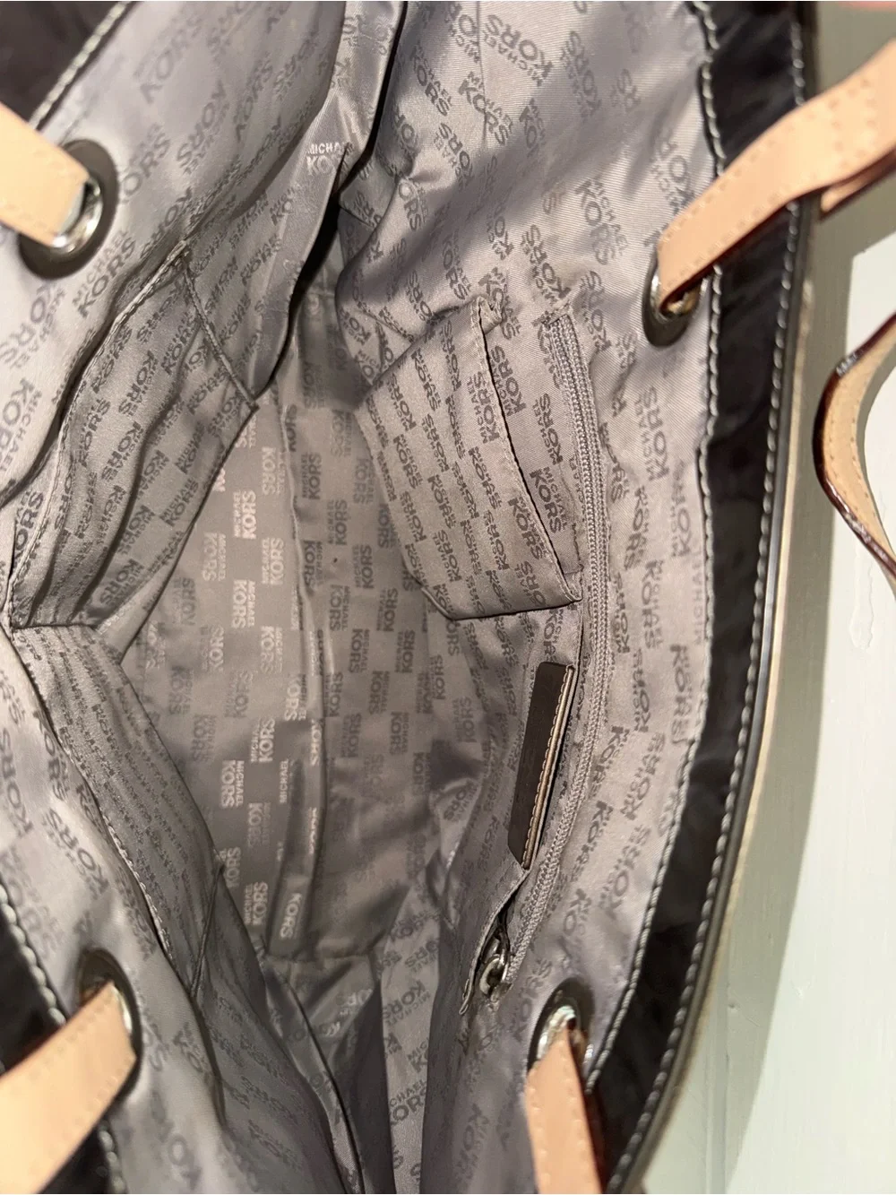 Michael Kors Metallic Silver Logo Tote with Tan Leather Handles - Picture 3 of 3